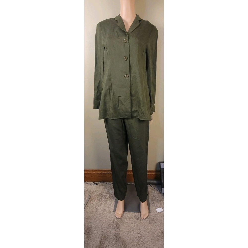 Apostrophe Olive Green Linen Rayon Pants Suit Set Women's Size 6‎ Career